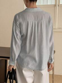 DAZY Women's Turndown Collar Long Sleeve Lace Patchwork Loose Side Tie Casual Shirt - Blue - View 3