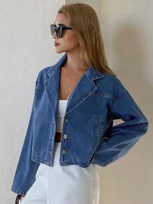 DAZY Women's Lapel Short Washed Denim Casual Jacket - Medium Wash - View 4