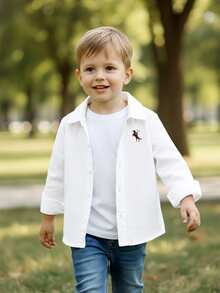 1pc Toddler Boys' Gentleman Style White Textured Long Sleeve Button-Up Shirt, Woven Cotton Bamboo Fiber Textured Fabric, Classic Collar Design, 5 White Buttons On Front, Left Chest Embroidered Polo Player Logo, Suitable For Casual, Holiday, Outing, Can Be Paired With Suit Jacket And Trousers - White - View 4