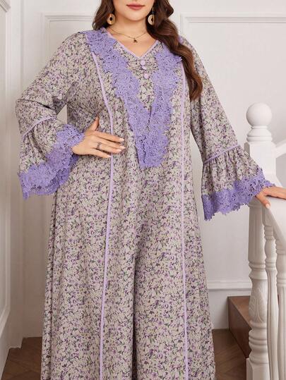 Al Najma 大码女式花卉面料蕾丝边阿拉伯风格连衣裙，春季