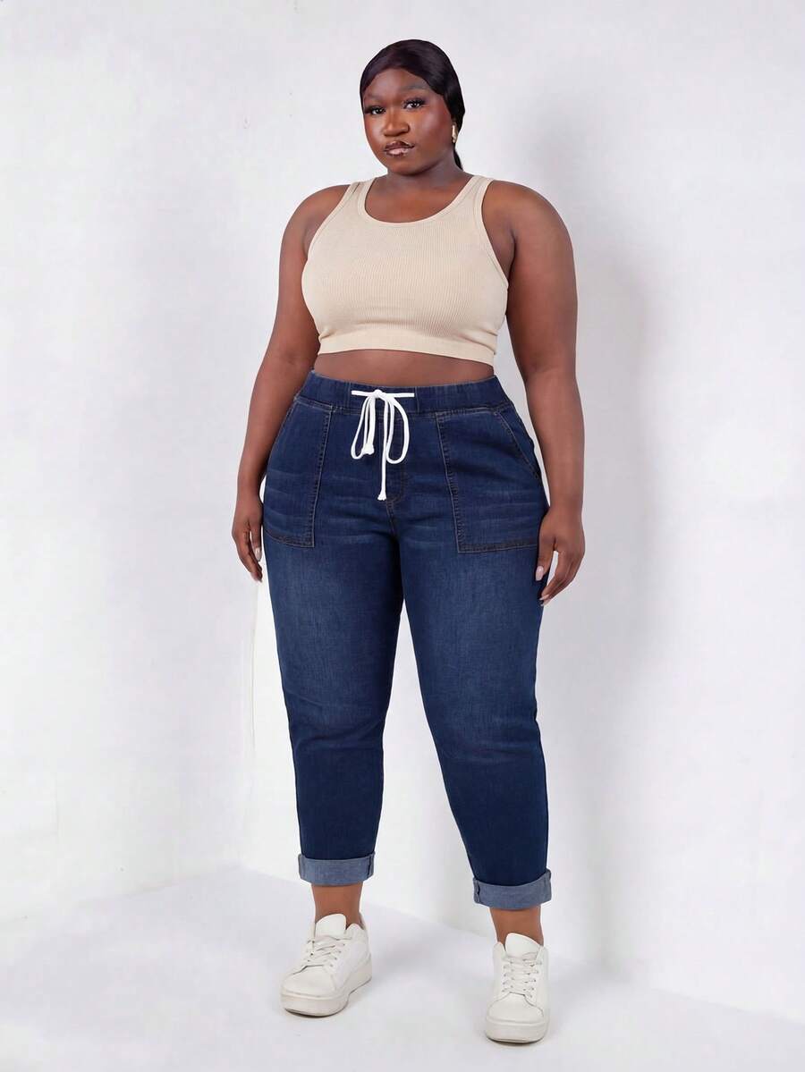 CurvyTilda Plus Drawstring Waist Roll Up Hem Skinny Jeans - Dark Wash - View 1