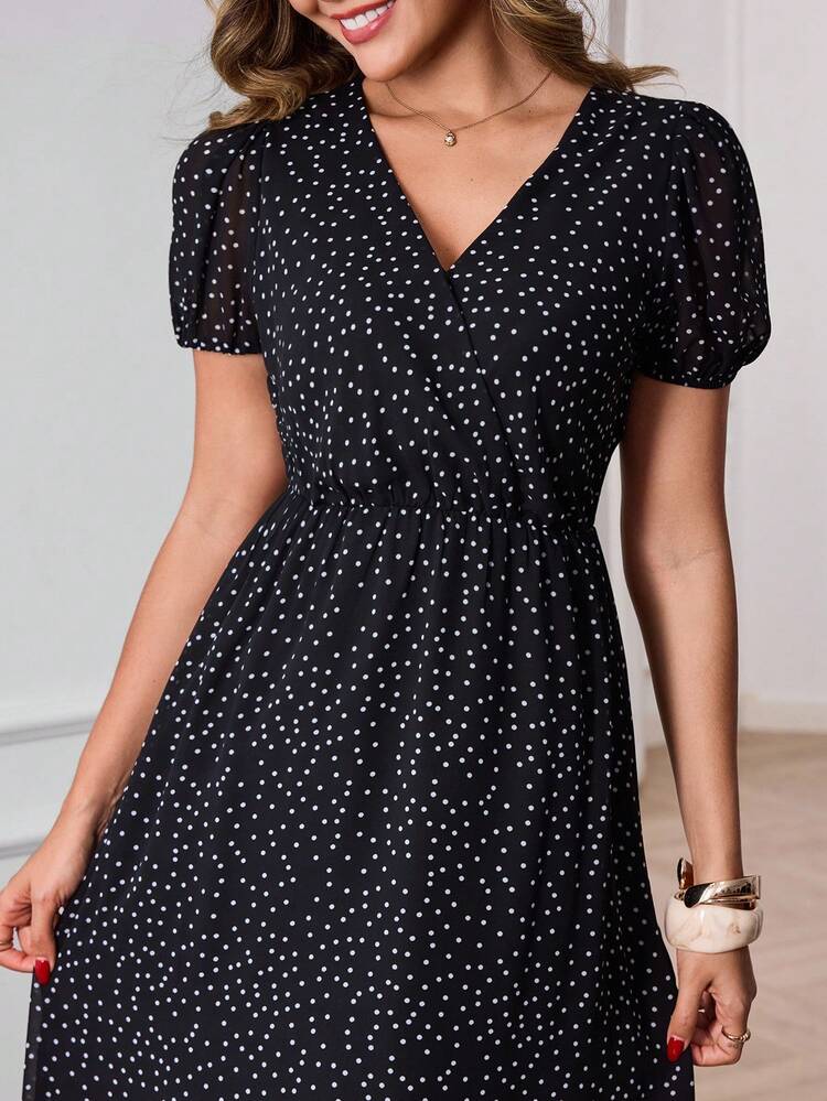 Women's V-Neck Polka Dot Print Puff Sleeve Elegant Dress Vacation Outfit For Women Spring Sunmmer,Office Outfits For Women,Work Outfits For Women,Summer Holiday Outfits Elegant Midi Dress,Graduation Outfit For Mother,Summer Outfits For Women,Summer Dresses For Women