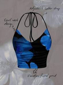 SHEIN EZwear Áo croptop đơn giản, thanh lịch, buộc dây phía trước, màu đen, họa tiết hoa lan, thích hợp cho kỳ nghỉ, đi biển, đám cưới, sinh nhật, dã ngoại, tiệc tùng, phong cách sang trọng. - Nhiều màu - Xem 8
