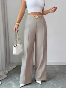 Elenzga 女士竹纤维提花面料优雅职业装长裤，腰部饰有夸张金属装饰，春夏款 - 杏色 - 查看 7