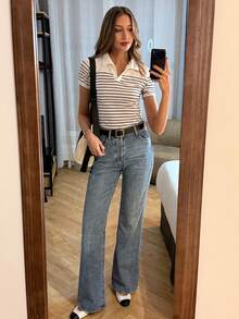 Pariaura 女士休闲条纹 Polo 领短袖通勤 T 恤，夏季 - 黑與白 - 查看 5