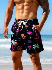Manfinity VDAYZ 男士棕榈树印花抽绳腰带沙滩短裤 - 黑色 - 查看 7