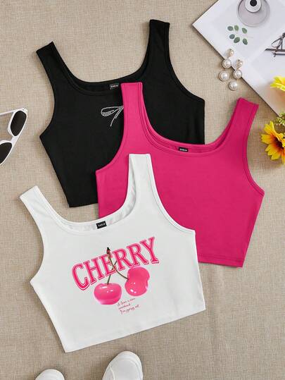 Attitoon 3 piezas Tops casuales de ajuste ceñido y cortos con gráfico de cerezas en negro, blanco y rosa, aptos para el verano