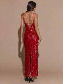 SHEIN BAE Đầm ôm sát không tay màu nâu cà phê mùa thu, đính sequin, thích hợp cho các bữa tiệc, sự kiện, tiệc chiêu đãi, tiệc cocktail và những buổi tối đi chơi. - Đỏ - Xem 2