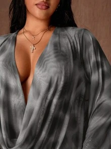 Rustia Deep Draped Neck Leopard Print Mesh Bodycon Mini Dress With Flared Sleeves, Sexy Party Wear For Women - Grey - View 5