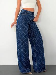 EURMUSE 100% Cotton Women's Plaid Pattern Slant Pocket Wide Legs Casual Jeans - Medium Wash - View 5