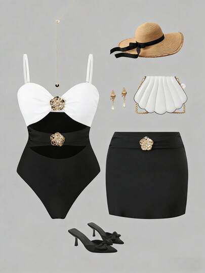 Swim Oasis Women's Swimsuit Set With Floral Decor, Black & White Contrast Color, Hollow-Out Mini Skirt, Fashion Casual Vacation 2-Piece, Spring/Summer/Autumn/Winter