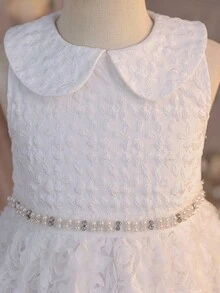 SHEIN Girls' Bowknot Party Dress, Butterfly Fabric Texture, Elegant Flower Girl Bridesmaid Sweet A-Line Dress - White - View 5