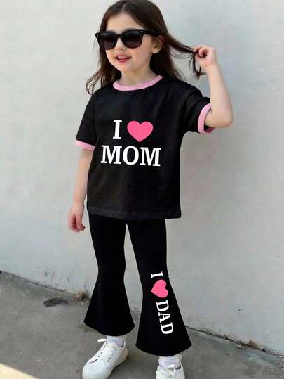 SHEIN 2 st/set Ung flicka Casual Tecknat Mönster Rund Hals Kortärmad Topp Och Utsvängda Byxor, Lämplig För Sommaren