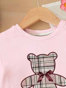 SHEIN 女婴休闲圆领短袖T恤和打底裤两件套，可爱粉色小熊印花，时尚甜美 - 彩色 - 查看 4