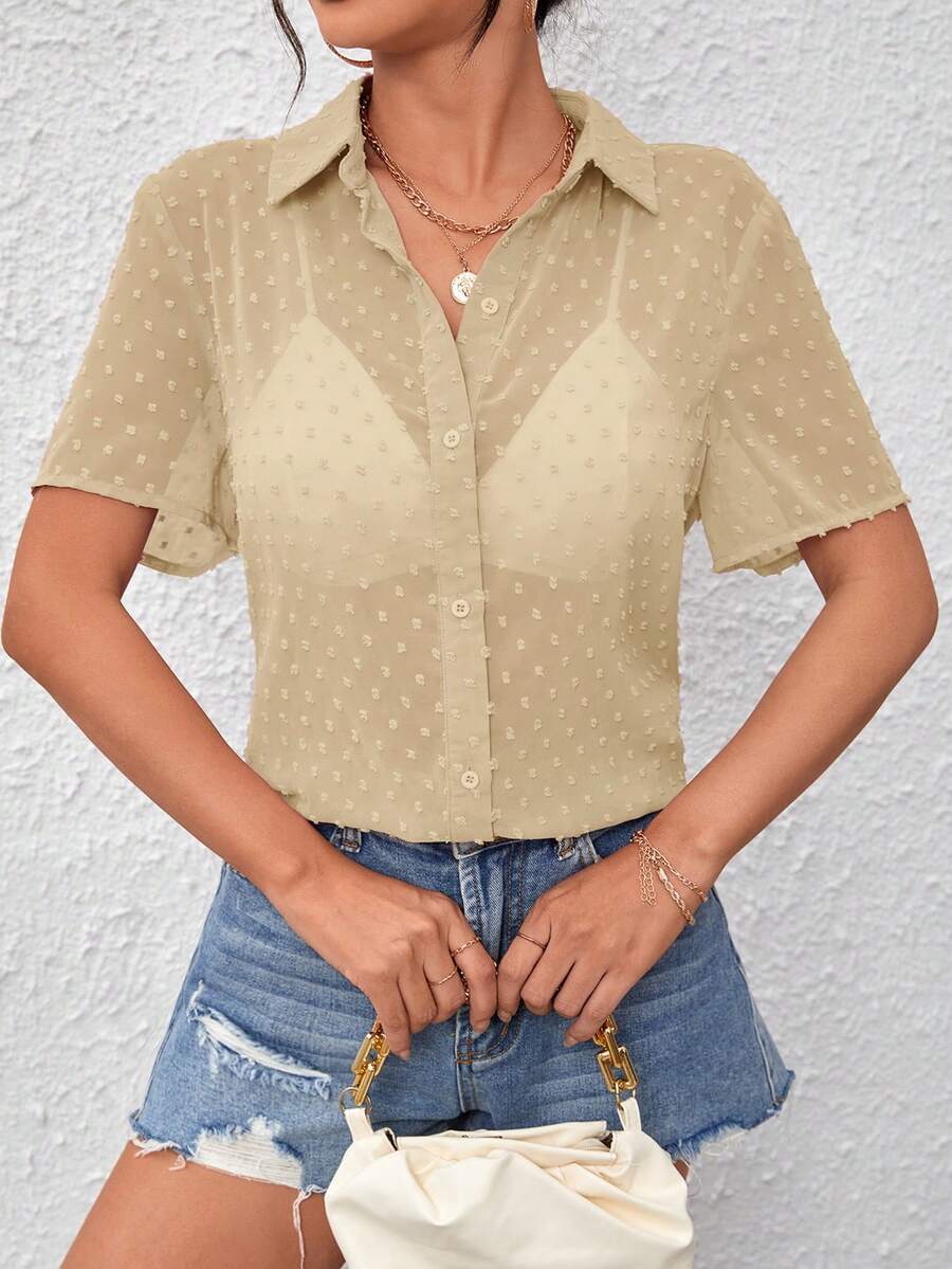 SHEIN Essnce Women's Casual Solid Color Textured Sheer Blouse, Summer,Summer Top - Apricot - View 1
