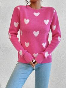 EMERY ROSE Heart Jacquard Crew Neck Casual Long Sleeve Women Sweater, Autumn/Winter - Hot Pink - View 4