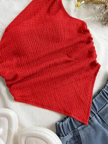 SHEIN Tween Girl Solid Asymmetric Hem Textured Knit Crop Camisole Knitted Ribbed Tube Top Red Tank Cute Sweet Basic - Red - View 4