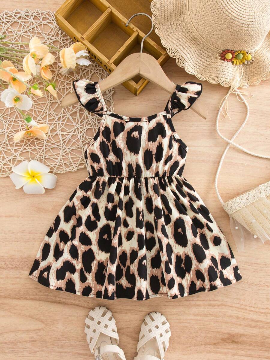 SHEIN 女宝宝度假休闲可爱豹纹短袖连衣裙 - 棕色 - 查看 1