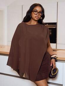 Veslaya Women's Plus Size 2-Piece Brown Summer Elegant Dress Set,Loose Chiffon Shawl Top With Asymmetric Hem & Shiny Bodycon Mini Dress,Night Out Club Party - Coffee Brown - View 8