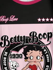 Betty Boop x SHEIN Plus Size Color Block Letter & Cartoon Figure Graphic Round Neck Short Sleeve T-Shirt - White - View 5