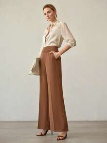 MOTF PREMIUM 优雅高腰压褶裤，春夏款 - 駝色 - 查看 1