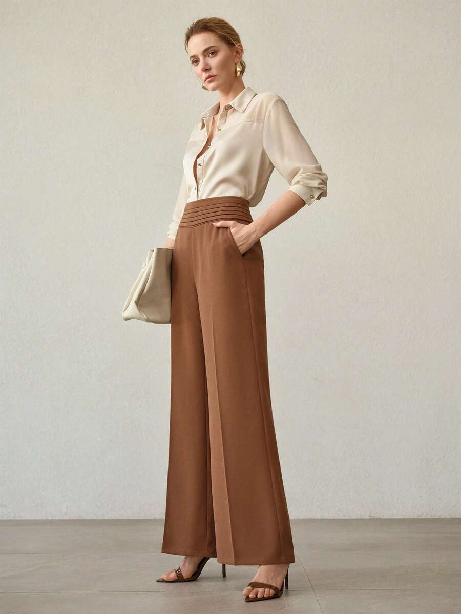 MOTF PREMIUM 优雅高腰压褶裤，春夏款 - 駝色 - 查看 1