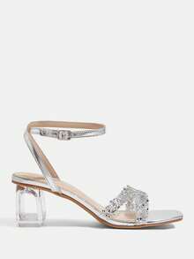 CUCCOO TILAWA 女士时尚亮面立体花朵方头粗跟高跟凉鞋 - 銀色 - 查看 2