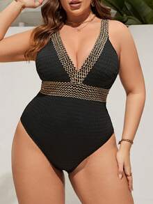 Swim Lushoire Summer Beach Plus Stitch Detail Tape Panel Plunging Neck One Piece Swimsuit - Black - View 4