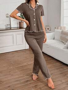 SHEIN Women's Classic Simple Brown V-Neck Short Sleeve Top And Pants Loungewear Set, Casual Everyday Sleepwear - Brown - View 5