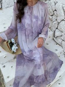 Vivie Lora 女士紫色扎染宽松褶皱中长连衣裙 - 紫色 - 查看 6