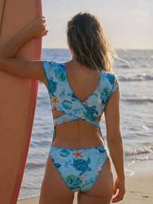Swim SPRTY 女士冲浪服，性感沙滩泳衣，海洋生物印花，夏季 - 彩色 - 查看 2