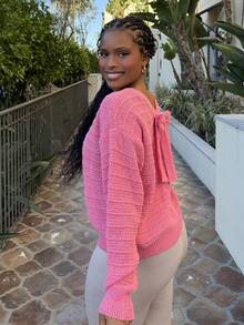 Tyla Gomez 简约时尚蝴蝶结装饰圆领毛衣，适合秋冬季，长袖上衣 - 玫紅色 - 查看 6