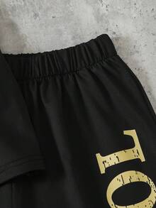 SHEIN Coolqubz 男童可爱小熊图案印花短袖T恤和短裤套装（2件），春夏款 - 黑色 - 查看 4