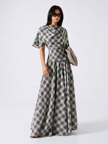 LYSMO Women's Casual Plaid Print Funnel Neck Batwing Sleeve Ruched Waist T-Shirt, Suitable For Daily Commute - Green - View 6