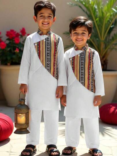 Young Boy Vintage Long Sleeve Stand Collar Casual Shirt Set Pakistani Clothes For Kids Kurta For Boys Boys African Suit Children's Arab Clothing, Children's Islamic Children's Clothing, Children's Abaya Set