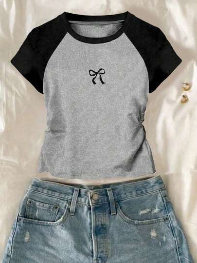 SHEIN 夏季百搭短袖修身腰部褶饰蝴蝶结T恤