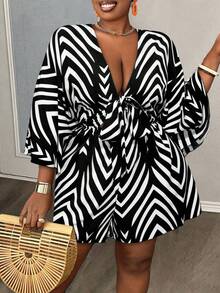 Slaydiva Bộ jumpsuit dáng rộng cổ chữ V in họa tiết dành cho nữ cỡ lớn, thích hợp cho kỳ nghỉ, kèm dây thắt lưng. - Đen và trắng - Xem 2