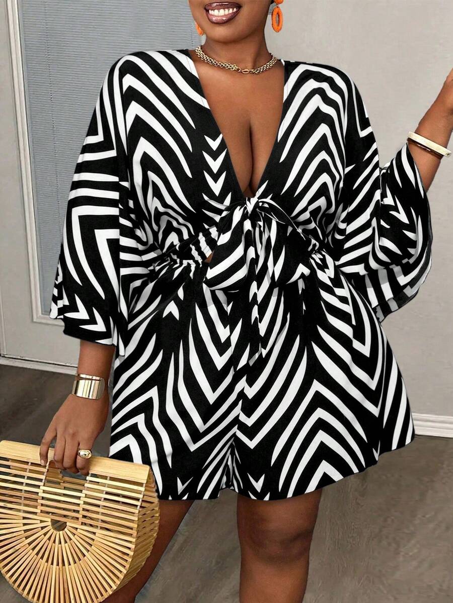 Slaydiva Bộ jumpsuit dáng rộng cổ chữ V in họa tiết dành cho nữ cỡ lớn, thích hợp cho kỳ nghỉ, kèm dây thắt lưng.