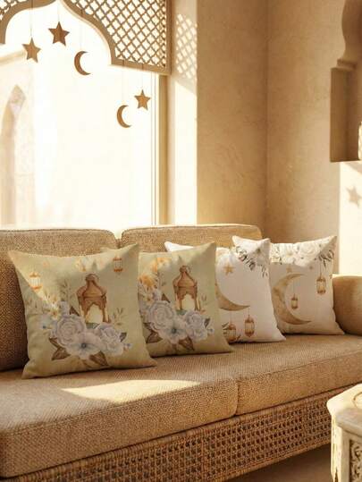 Cirelle 1pc Eid Mubarak Decorative Cushion Cover - Traditional Ramadan Lantern & Crescent Moon Polyester Pillow Cover, Festive Home Gift (Pillow Insert Not Included)