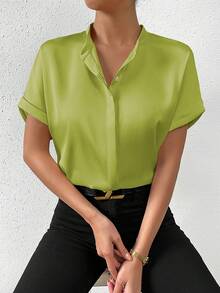 Chiquease Women's Casual Solid Color Front Button Shirt, Suitable For Commuting, Summer - Green - View 3