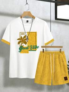 Manfinity RSRT Bộ đồ nam gồm áo thun và quần short in hình cây dừa, thích hợp cho kỳ nghỉ, trang phục thoải mái, bộ đồ nam mang đến cảm giác thư thái. - Nhiều màu - Xem 3