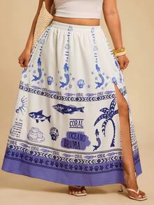 Travachic 大码女式蓝白海洋主题鱼印花弹力腰A字前开衩半身裙，休闲春夏假日沙滩裙，沙丁鱼图案，美人鱼印花长裙，沙滩裙，度假裙，蓝色波西米亚风半身裙，地中海风格 - 藍白色 - 查看 7