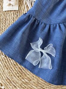SHEIN 新生女宝宝可爱优雅蓝色蝴蝶结宽松连衣裙，夏季 - 藍色 - 查看 5