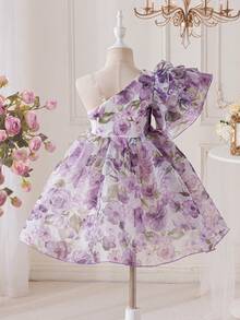 SHEIN 小女孩碎花短袖公主裙，新款蓬蓬裙派对礼服 - 紫色 - 查看 11
