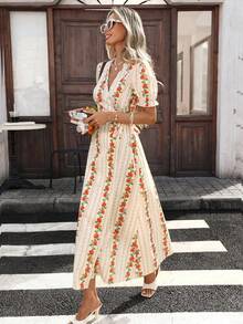 SHEIN PariChic 女士碎花泡泡袖裹身系带连衣裙，度假风，夏季 - 彩色 - 查看 5