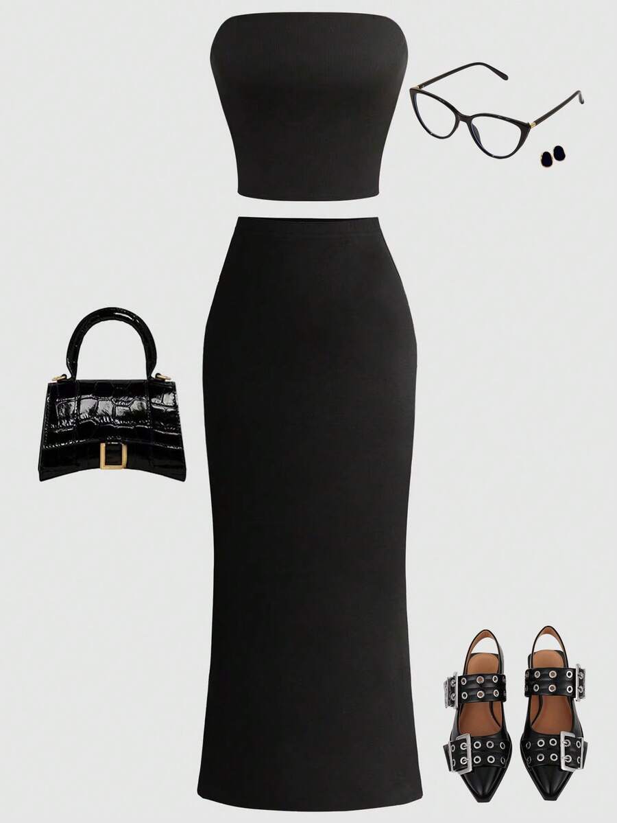 SHEIN Girlism Bộ đồ mùa hè cho bé gái tuổi teen: Áo quây màu trơn và chân váy cạp cao xẻ tà. - màu đen - Xem 1