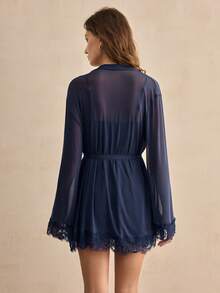 Charlaine Women's Elegant Sexy Contrast Lace Camisole Nightgown And Robe Set - Navy Blue - View 3