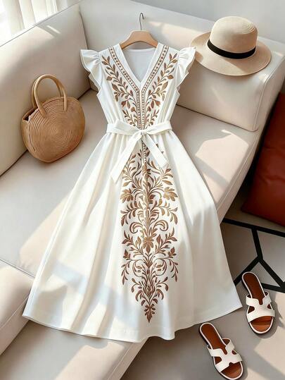 SHEIN Franclia Women's Floral Print V-Neck Cap Sleeve Tie Waist Casual Dress