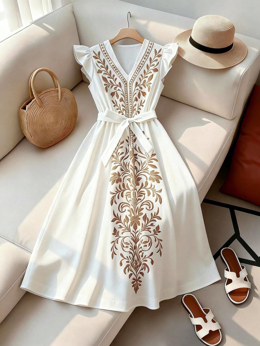 SHEIN Franclia 女士印花V领短袖系腰休闲连衣裙 - 白色 - 查看 1