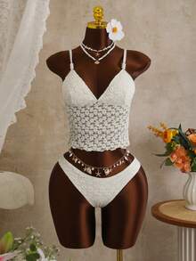 Bellisia Swim MOD 2-Piece Set, Solid Floral Textured Fabric Pearl Trim Frill Hem Triangle Cup Cami Top And High Cut Bottoms Sexy Women Cami Bikini, Spring/Summer - Beige - View 3